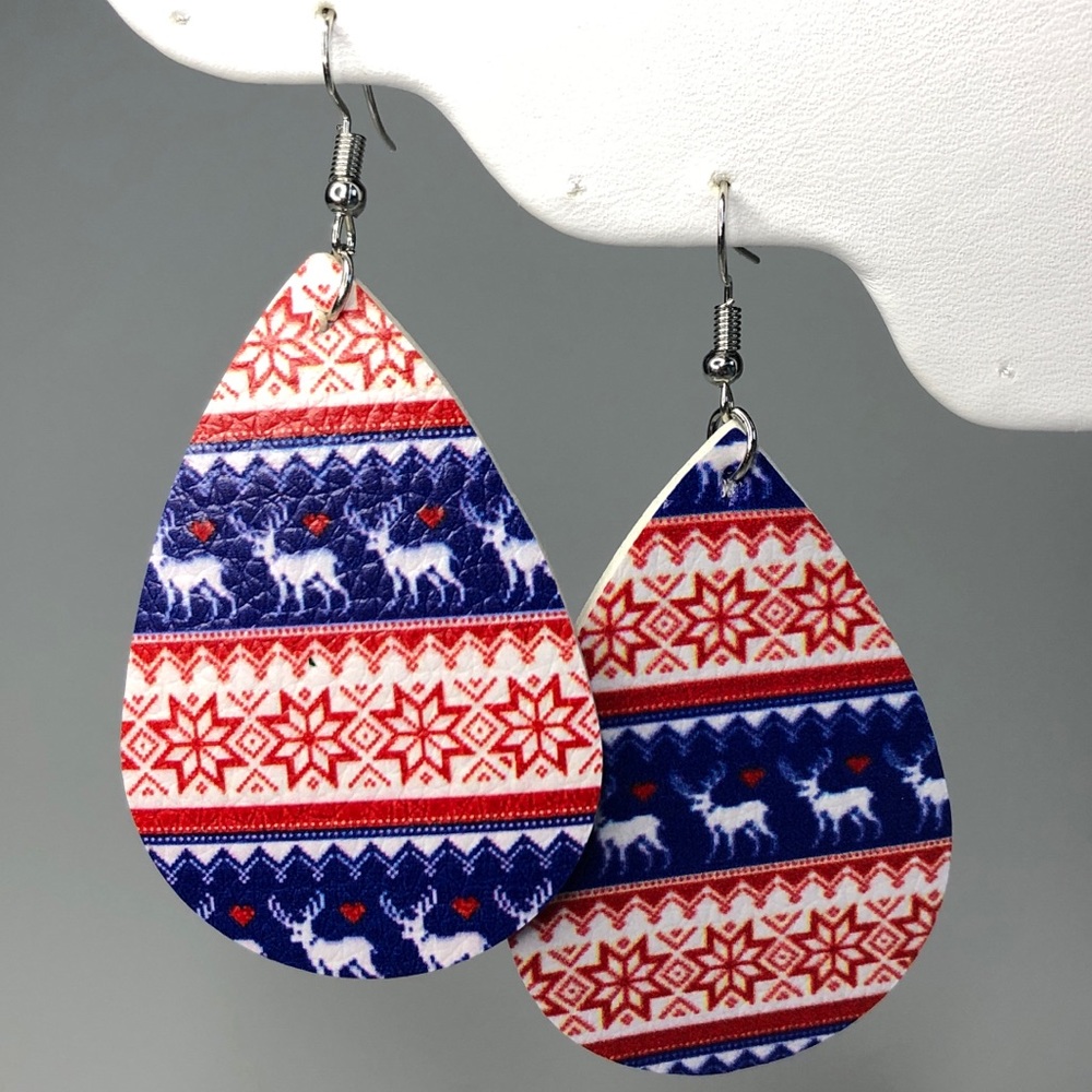Deer Leather Christmas Teardrop Earrings Red Blue